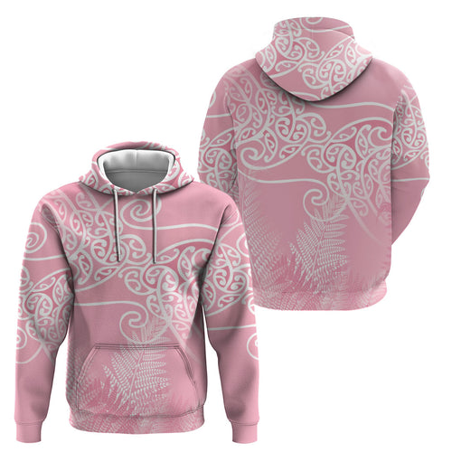 Aotearoa Maori Koru Curves Hoodie Silver Ferns - Rose Pink