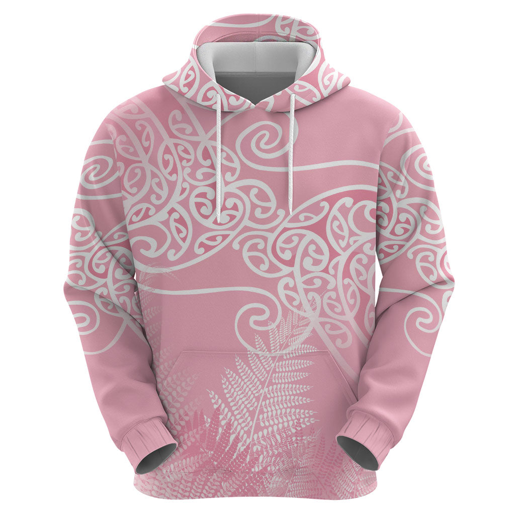 Aotearoa Maori Koru Curves Hoodie Silver Ferns - Rose Pink