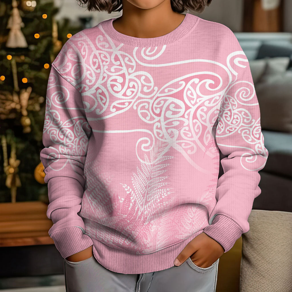 Aotearoa Maori Koru Curves Kid Ugly Christmas Sweater Silver Ferns - Rose Pink