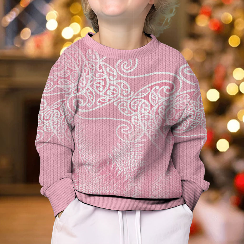 Aotearoa Maori Koru Curves Kid Ugly Christmas Sweater Silver Ferns - Rose Pink