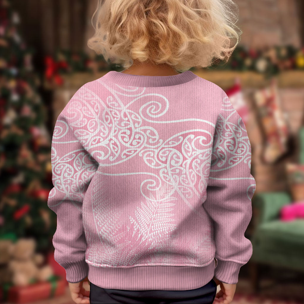 Aotearoa Maori Koru Curves Kid Ugly Christmas Sweater Silver Ferns - Rose Pink