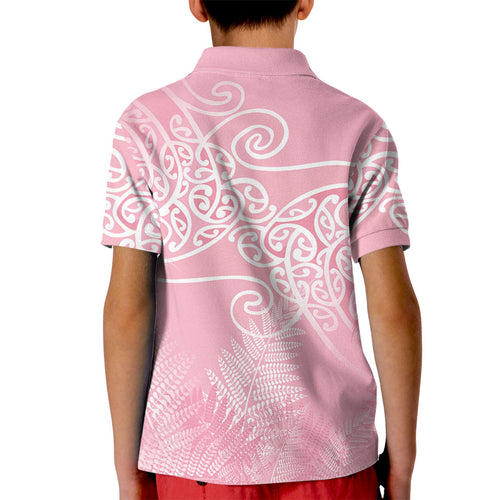 Aotearoa Maori Koru Curves Kid Polo Shirt Silver Ferns - Rose Pink