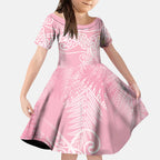 Aotearoa Maori Koru Curves Kid Short Sleeve Dress Silver Ferns - Rose Pink