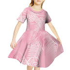 Aotearoa Maori Koru Curves Kid Short Sleeve Dress Silver Ferns - Rose Pink