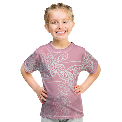Aotearoa Maori Koru Curves Kid T Shirt Silver Ferns - Rose Pink