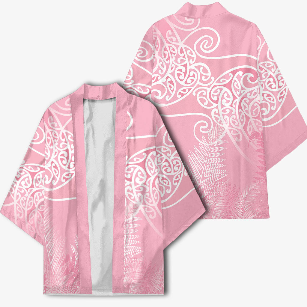 Aotearoa Maori Koru Curves Kimono Silver Ferns - Rose Pink