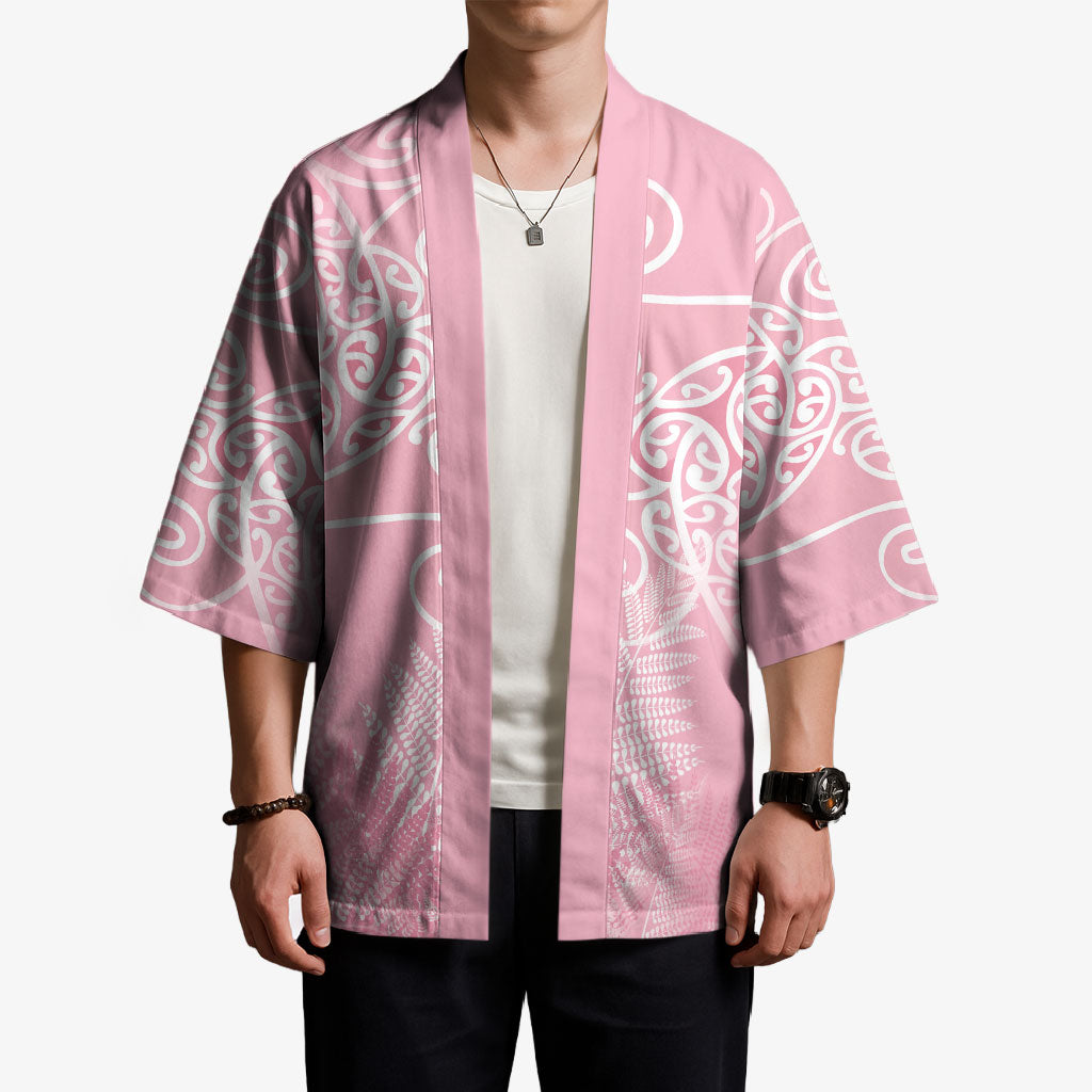 Aotearoa Maori Koru Curves Kimono Silver Ferns - Rose Pink