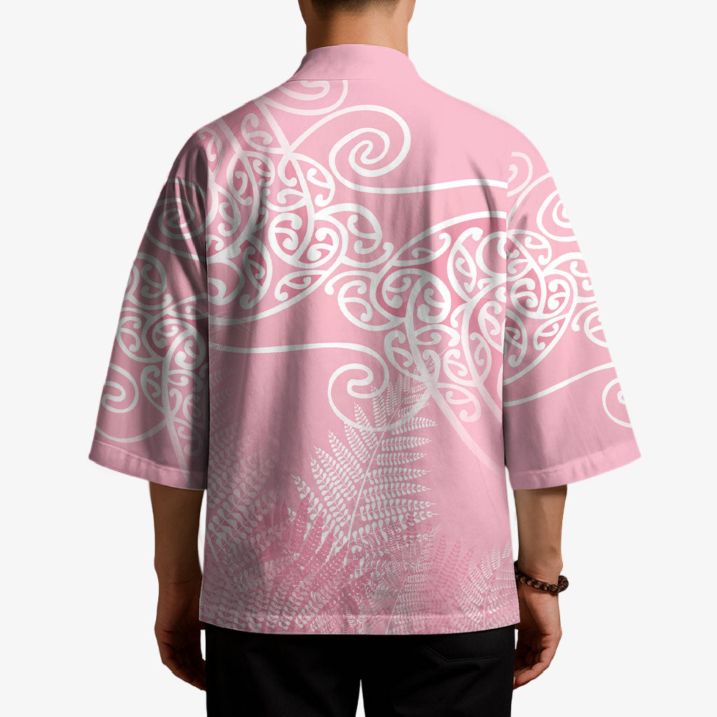 Aotearoa Maori Koru Curves Kimono Silver Ferns - Rose Pink