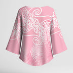 Aotearoa Maori Koru Curves Kimono Sleeve Blouse Silver Ferns - Rose Pink