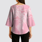 Aotearoa Maori Koru Curves Kimono Sleeve Blouse Silver Ferns - Rose Pink