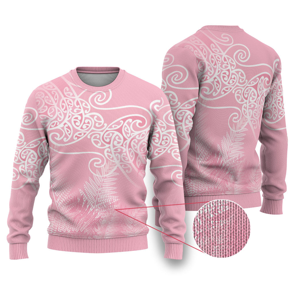 Aotearoa Maori Koru Curves Ugly Christmas Sweater Silver Ferns - Rose Pink