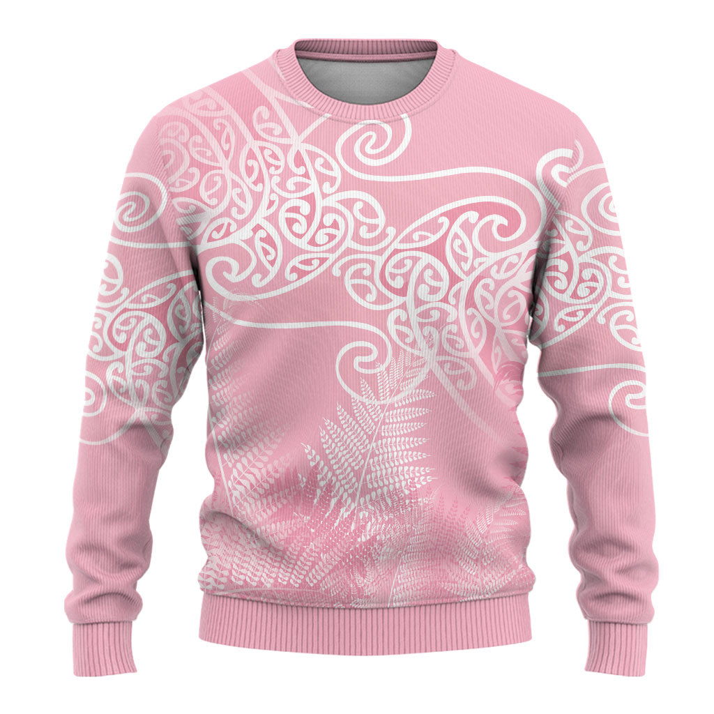 Aotearoa Maori Koru Curves Ugly Christmas Sweater Silver Ferns - Rose Pink