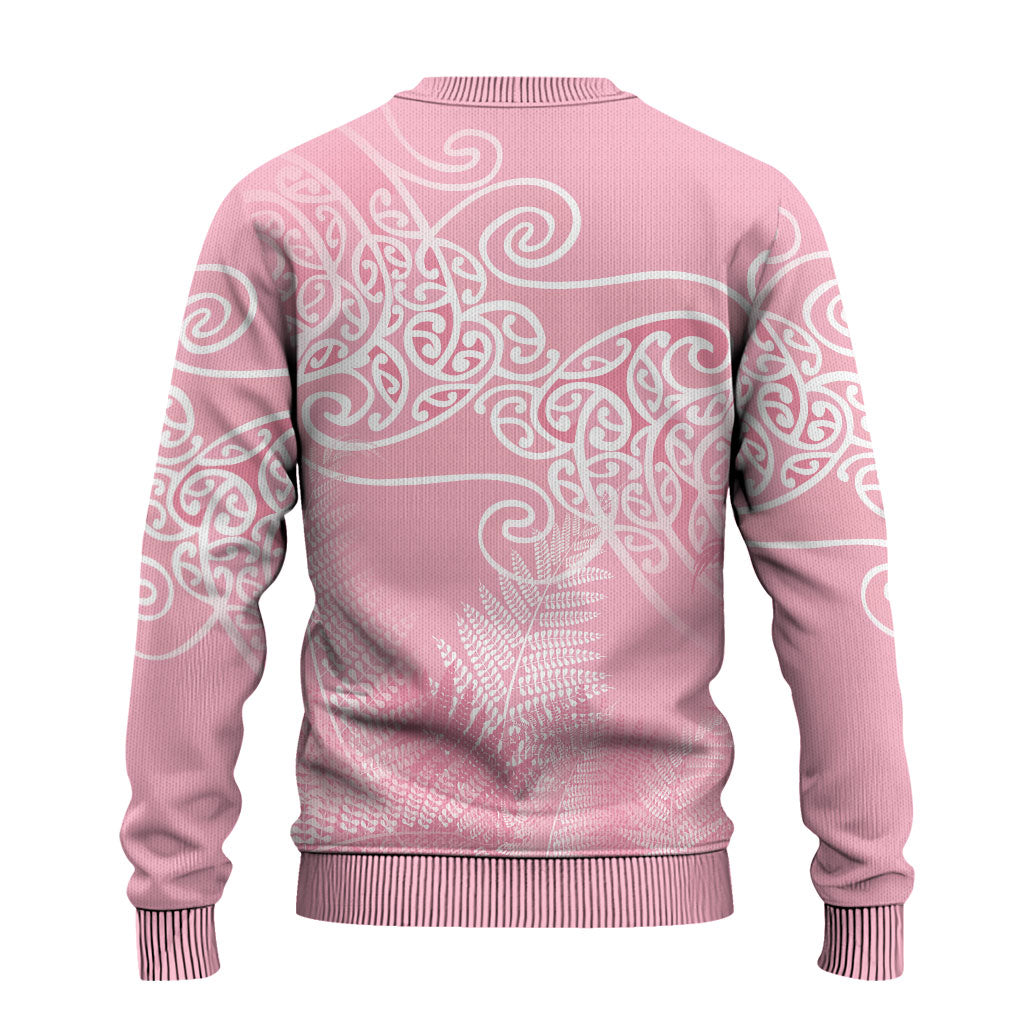 Aotearoa Maori Koru Curves Ugly Christmas Sweater Silver Ferns - Rose Pink