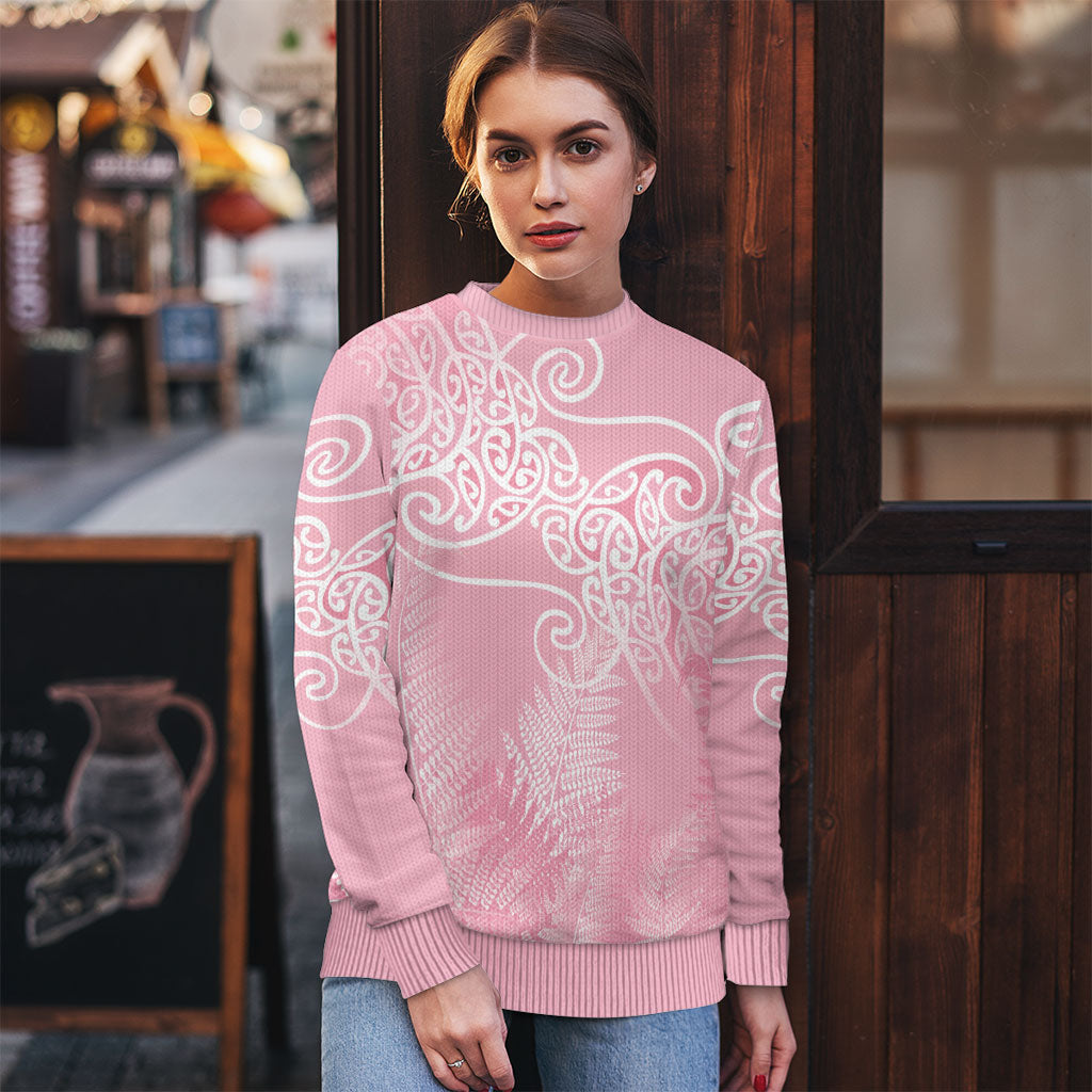 Aotearoa Maori Koru Curves Ugly Christmas Sweater Silver Ferns - Rose Pink