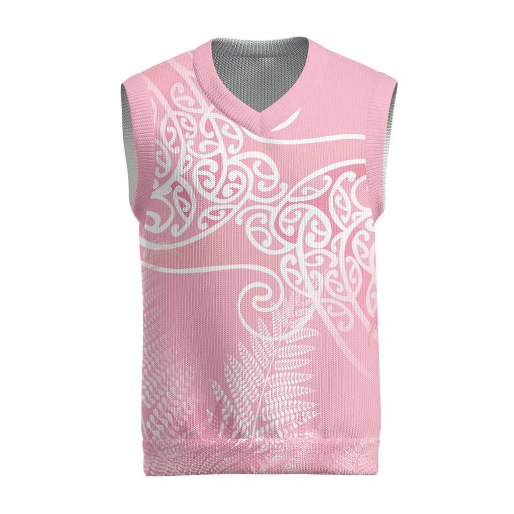 Aotearoa Maori Koru Curves Christmas Knitted V-Neck Vest Silver Ferns - Rose Pink