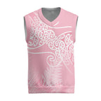 Aotearoa Maori Koru Curves Christmas Knitted V-Neck Vest Silver Ferns - Rose Pink