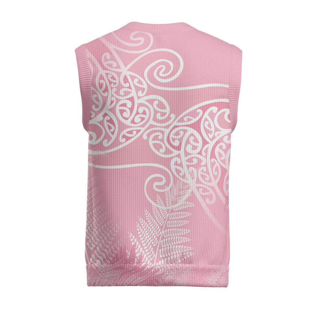Aotearoa Maori Koru Curves Christmas Knitted V-Neck Vest Silver Ferns - Rose Pink