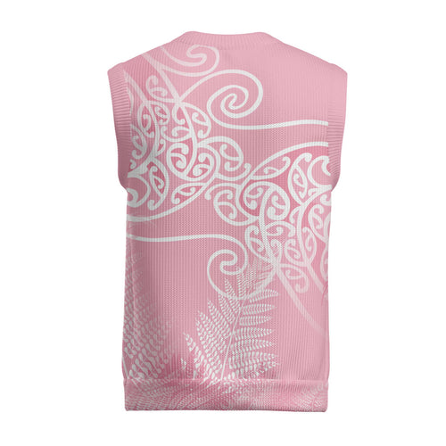 Aotearoa Maori Koru Curves Christmas Knitted V-Neck Vest Silver Ferns - Rose Pink