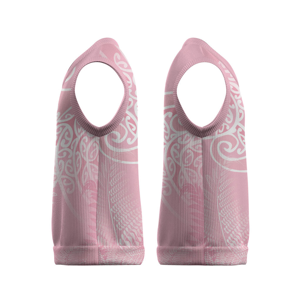 Aotearoa Maori Koru Curves Christmas Knitted V-Neck Vest Silver Ferns - Rose Pink