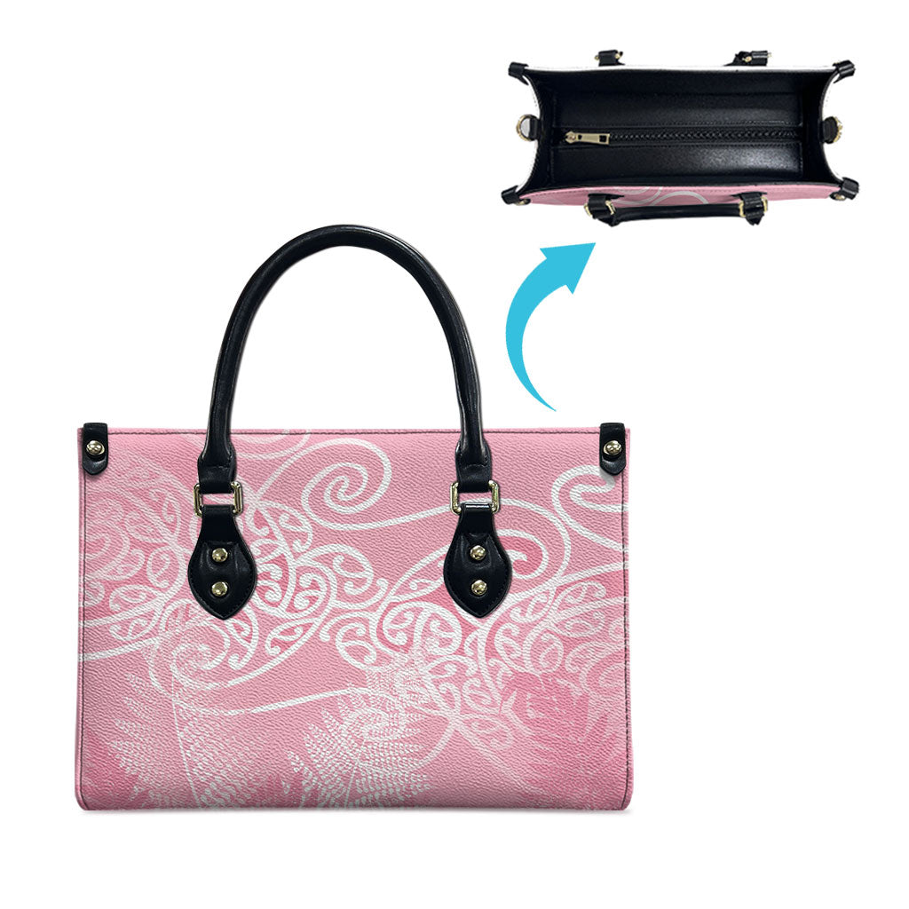 Aotearoa Maori Koru Curves Leather Bag Silver Ferns - Rose Pink