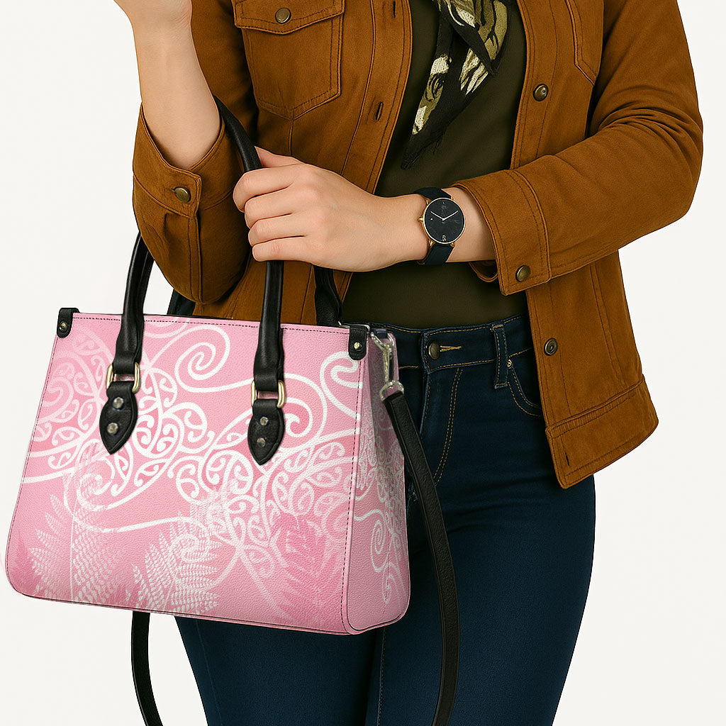 Aotearoa Maori Koru Curves Leather Bag Silver Ferns - Rose Pink
