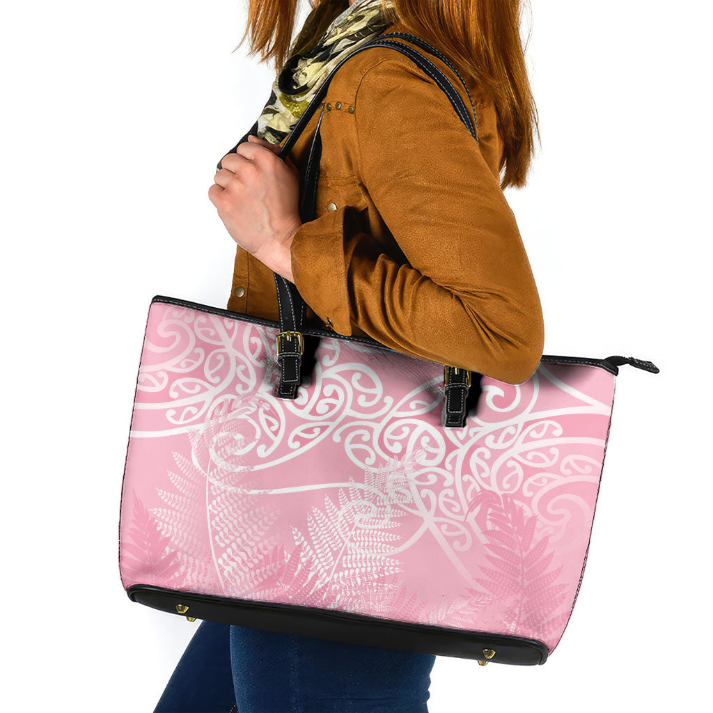 Aotearoa Maori Koru Curves Leather Tote Bag Silver Ferns - Rose Pink