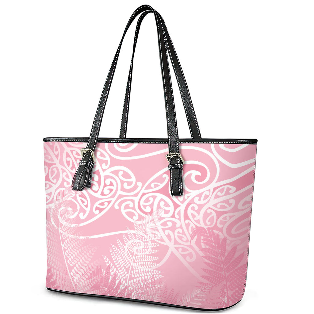 Aotearoa Maori Koru Curves Leather Tote Bag Silver Ferns - Rose Pink