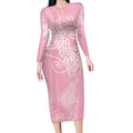 Aotearoa Maori Koru Curves Long Sleeve Bodycon Dress Silver Ferns - Rose Pink
