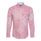 Aotearoa Maori Koru Curves Long Sleeve Button Shirt Silver Ferns - Rose Pink
