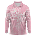 Aotearoa Maori Koru Curves Long Sleeve Polo Shirt Silver Ferns - Rose Pink