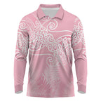 Aotearoa Maori Koru Curves Long Sleeve Polo Shirt Silver Ferns - Rose Pink