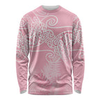 Aotearoa Maori Koru Curves Long Sleeve Shirt Silver Ferns - Rose Pink
