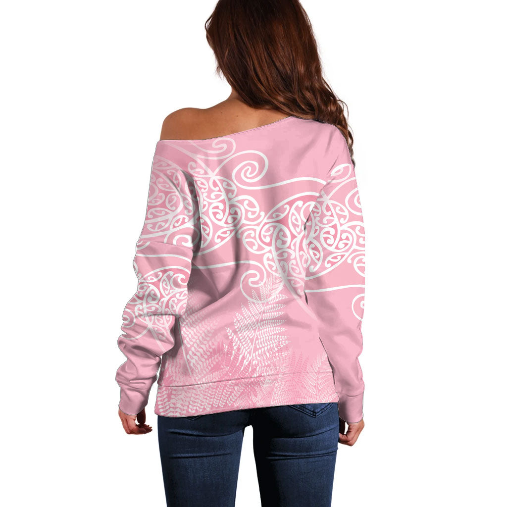Aotearoa Maori Koru Curves Off Shoulder Sweater Silver Ferns - Rose Pink