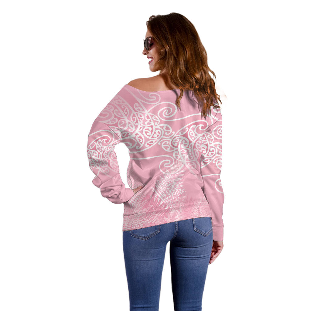 Aotearoa Maori Koru Curves Off Shoulder Sweater Silver Ferns - Rose Pink