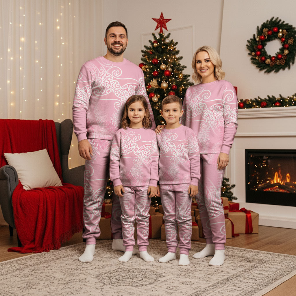 Aotearoa Maori Koru Curves Christmas Pajama Set Silver Ferns - Rose Pink
