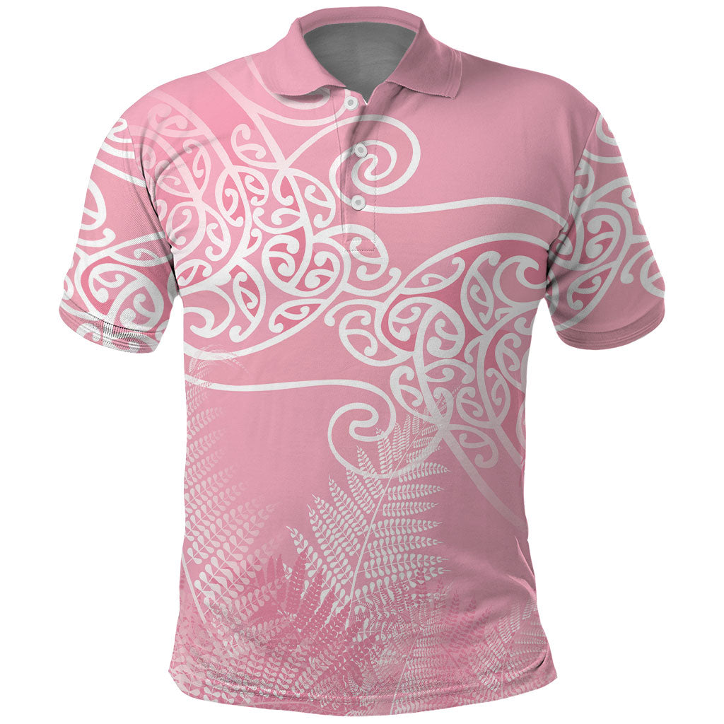 Aotearoa Maori Koru Curves Polo Shirt Silver Ferns - Rose Pink