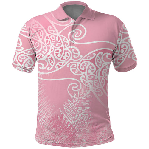 Aotearoa Maori Koru Curves Polo Shirt Silver Ferns - Rose Pink