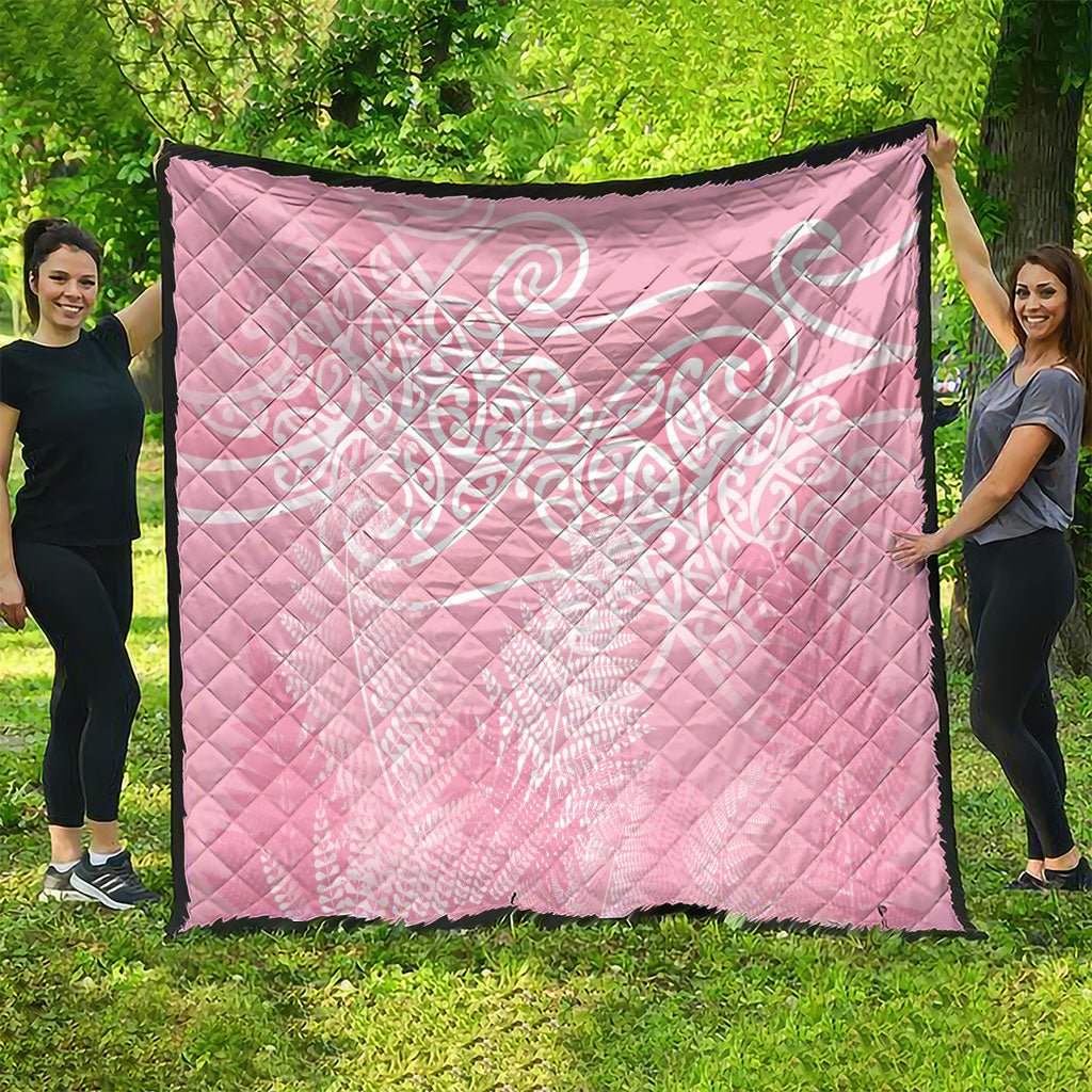 Aotearoa Maori Koru Curves Quilt Silver Ferns - Rose Pink