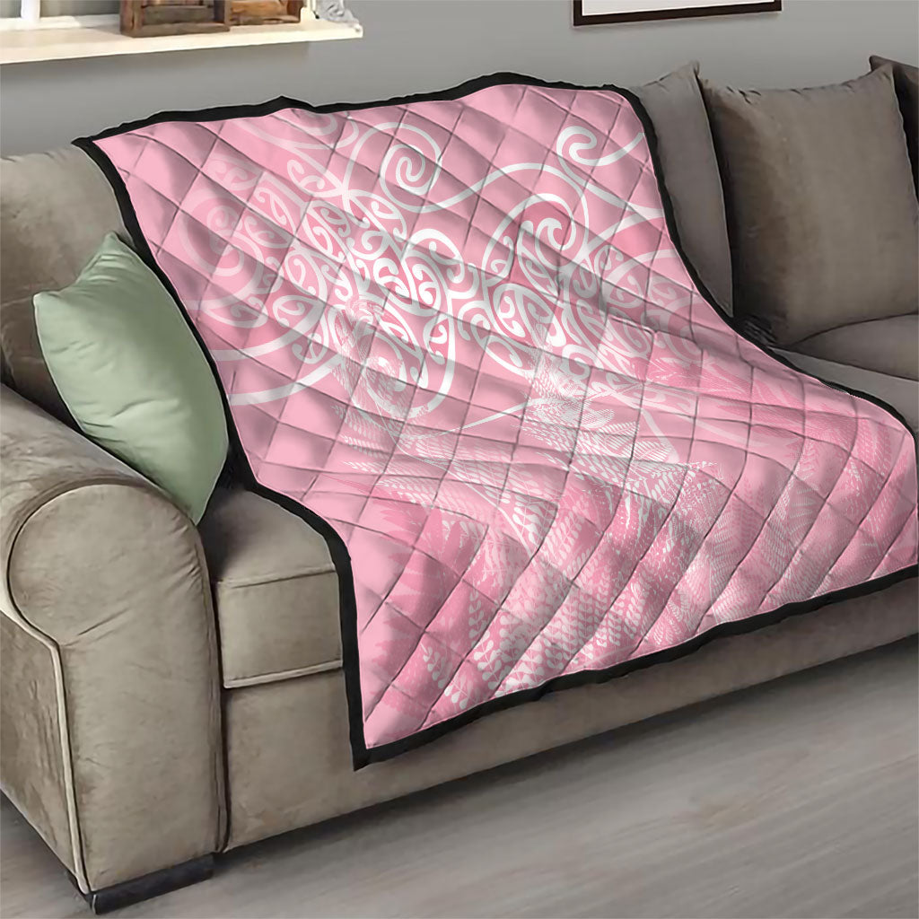 Aotearoa Maori Koru Curves Quilt Silver Ferns - Rose Pink