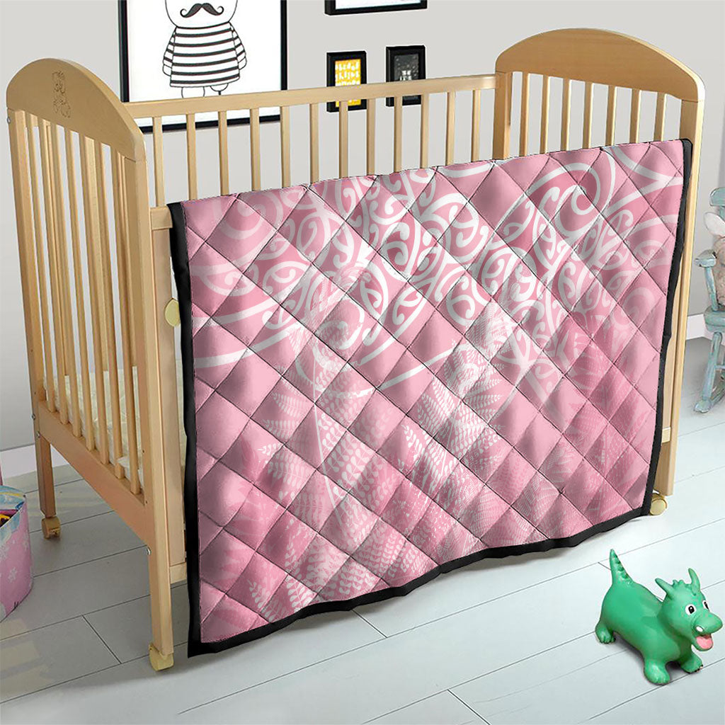 Aotearoa Maori Koru Curves Quilt Silver Ferns - Rose Pink