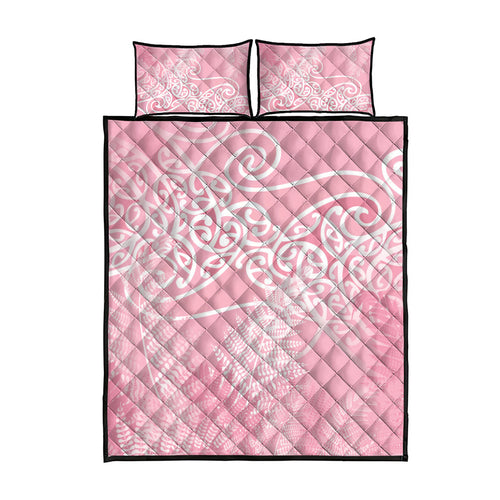Aotearoa Maori Koru Curves Quilt Bed Set Silver Ferns - Rose Pink