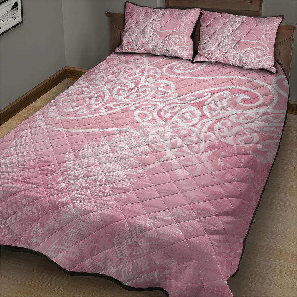 Aotearoa Maori Koru Curves Quilt Bed Set Silver Ferns - Rose Pink