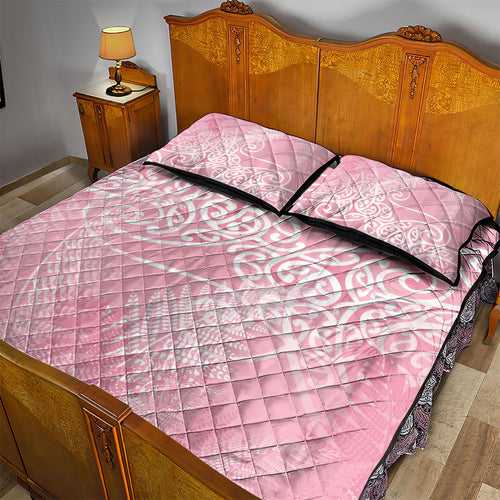 Aotearoa Maori Koru Curves Quilt Bed Set Silver Ferns - Rose Pink