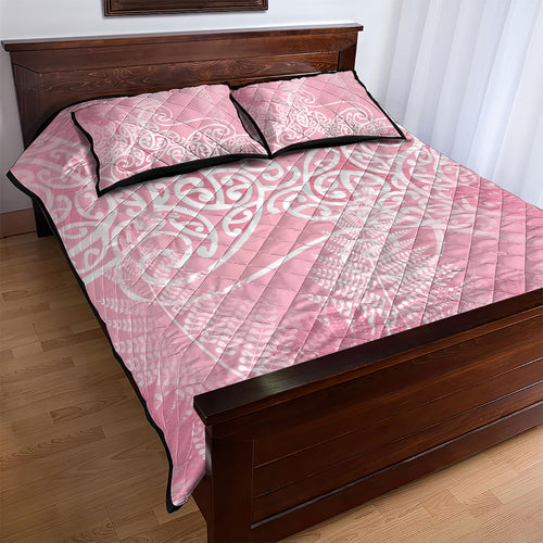 Aotearoa Maori Koru Curves Quilt Bed Set Silver Ferns - Rose Pink