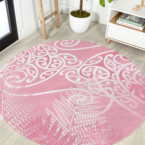 Aotearoa Maori Koru Curves Round Carpet Silver Ferns - Rose Pink