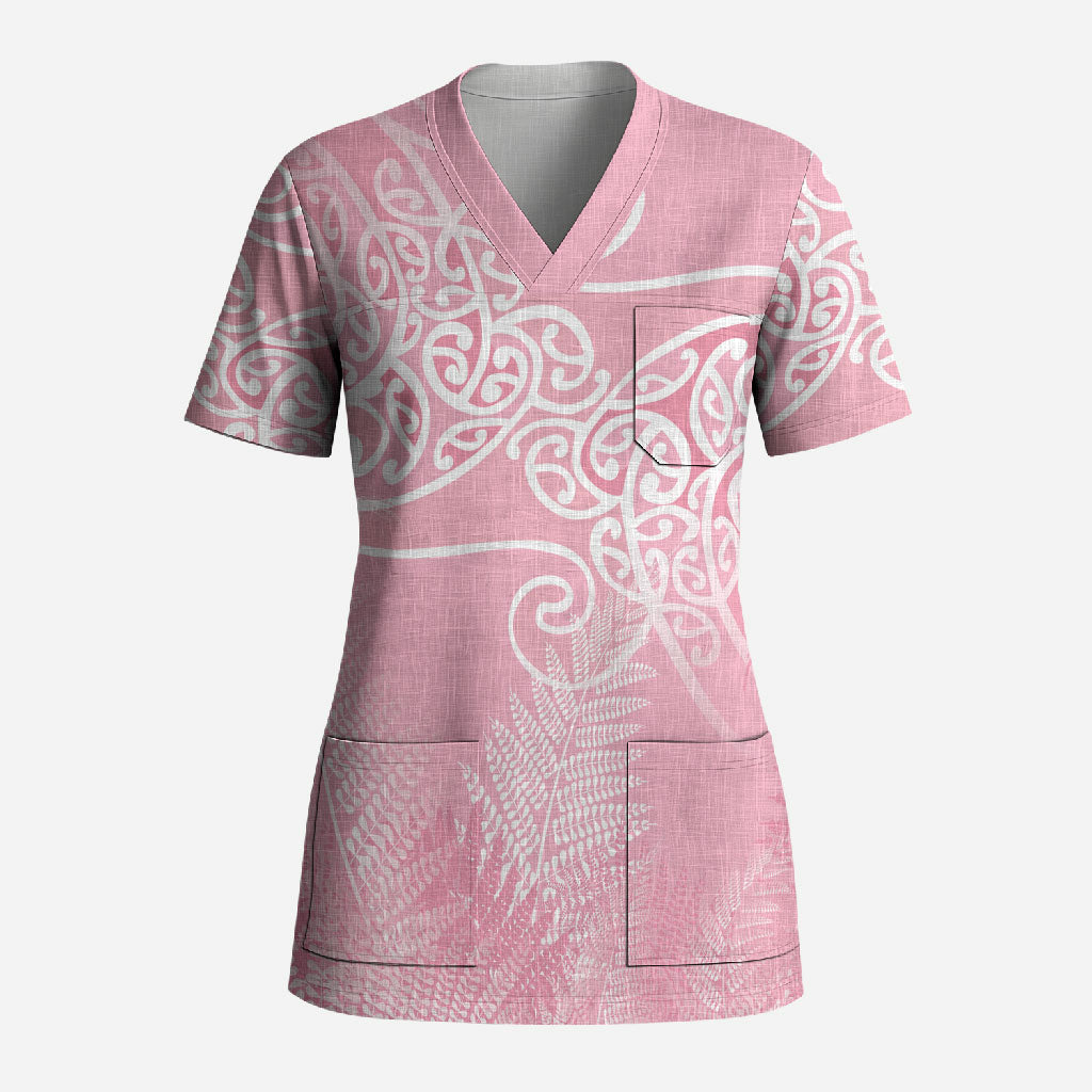 Aotearoa Maori Koru Curves Scrub Top Silver Ferns - Rose Pink