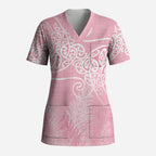 Aotearoa Maori Koru Curves Scrub Top Silver Ferns - Rose Pink
