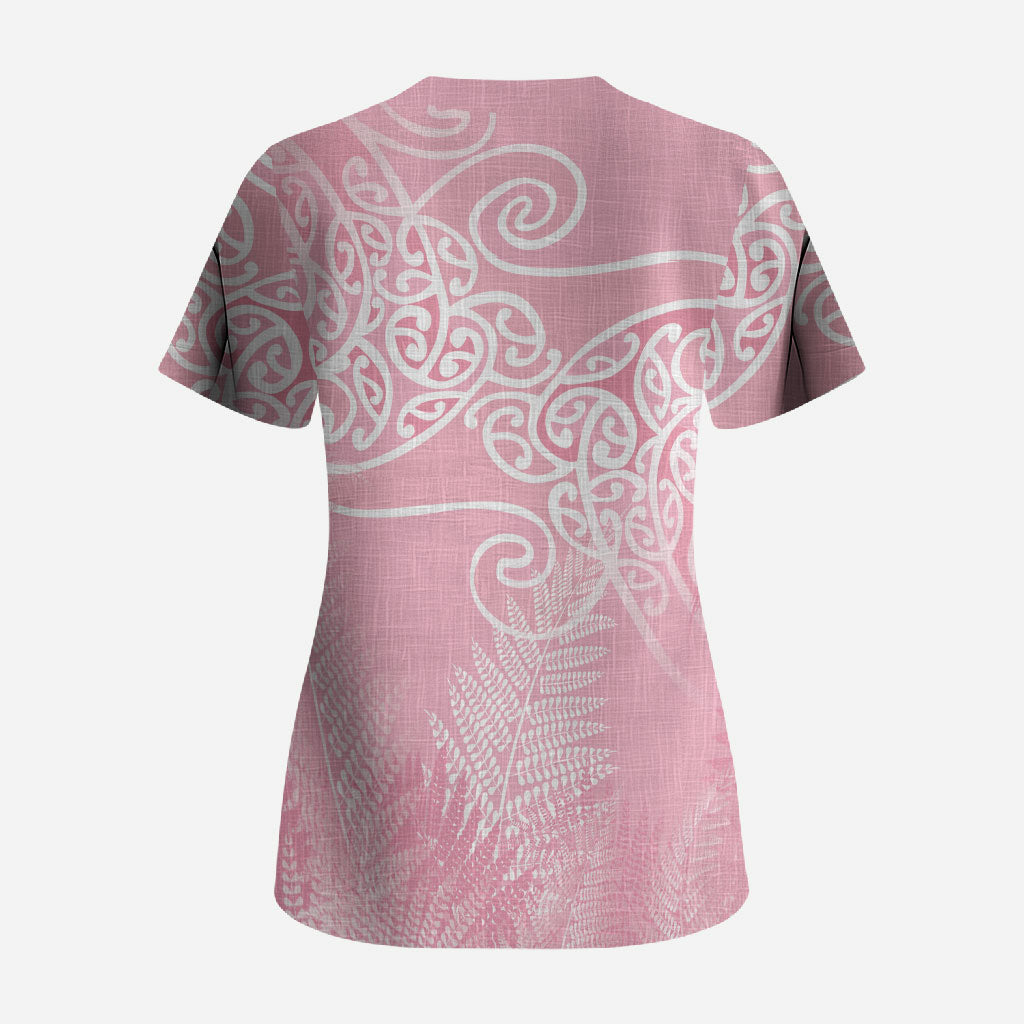 Aotearoa Maori Koru Curves Scrub Top Silver Ferns - Rose Pink