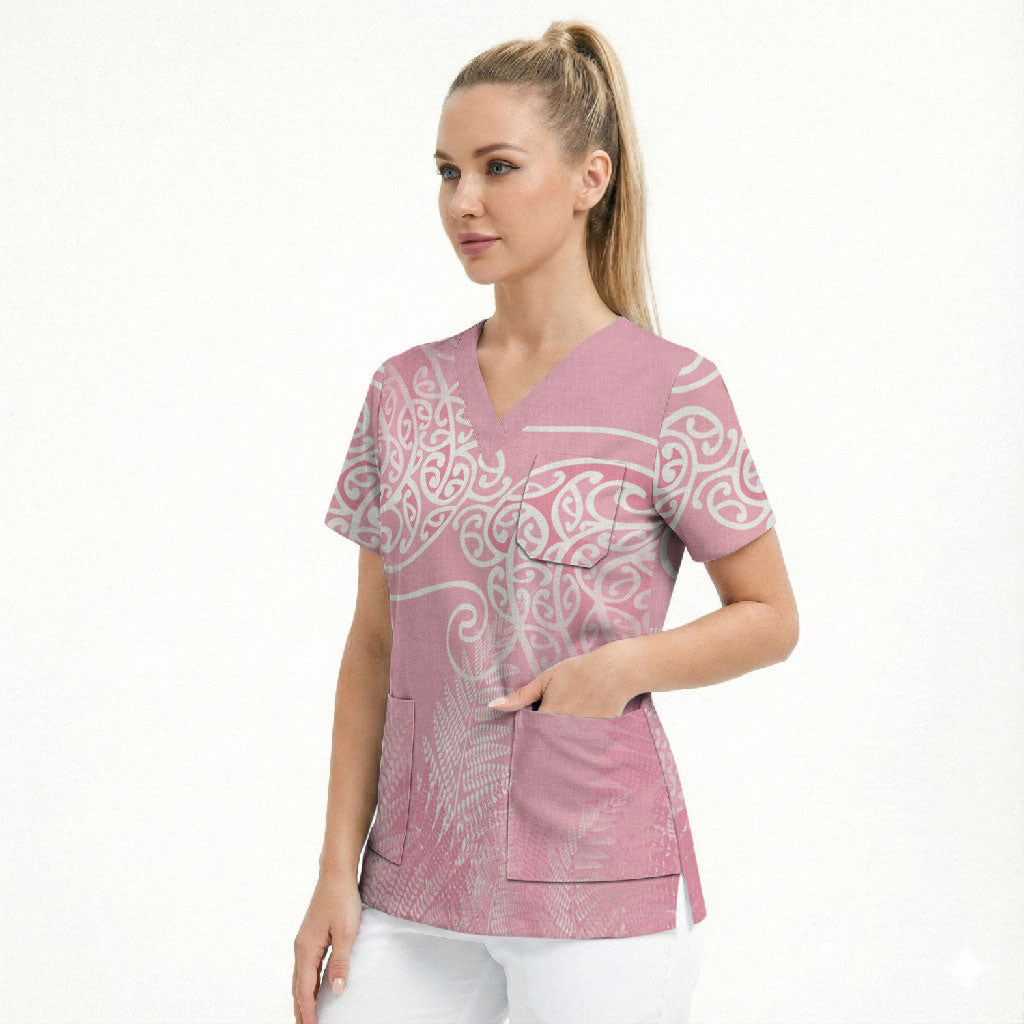 Aotearoa Maori Koru Curves Scrub Top Silver Ferns - Rose Pink