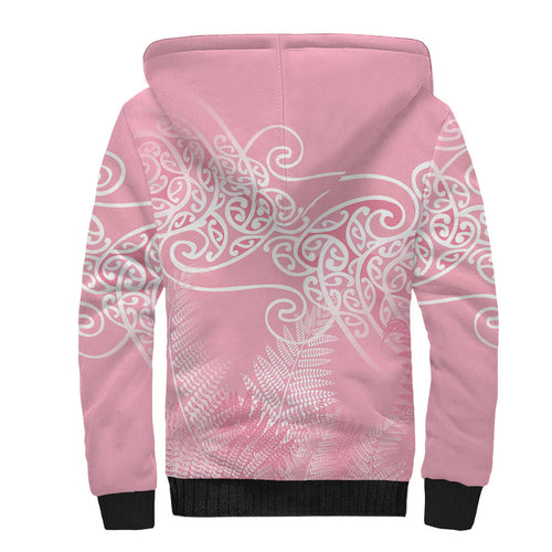 Aotearoa Maori Koru Curves Sherpa Hoodie Silver Ferns - Rose Pink